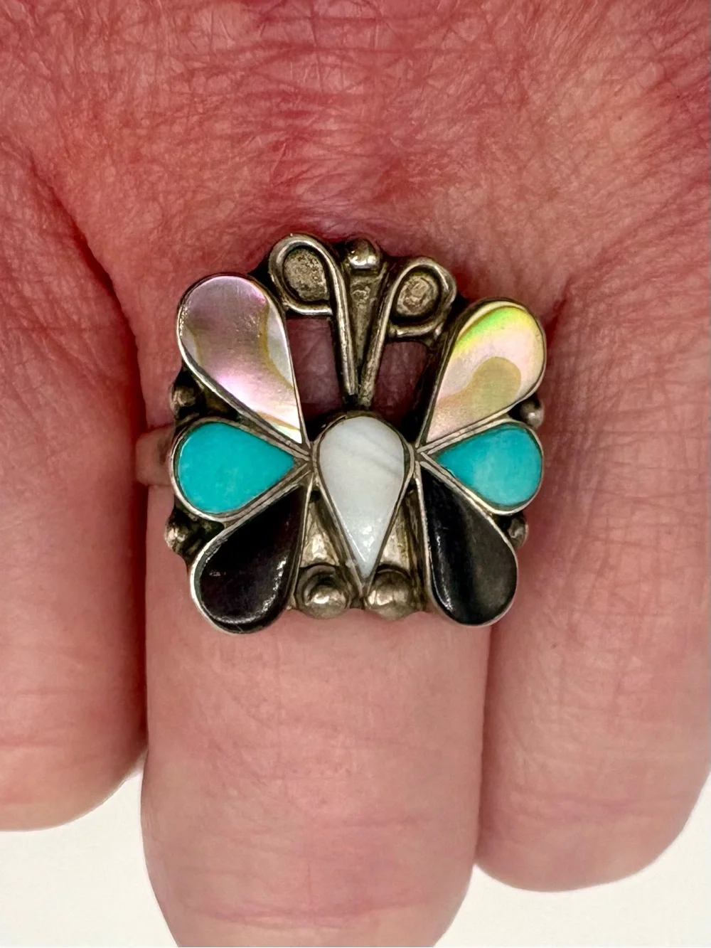 Vintage Sterling Silver Turquoise MOP Onyx Butterfly Ring Size 8